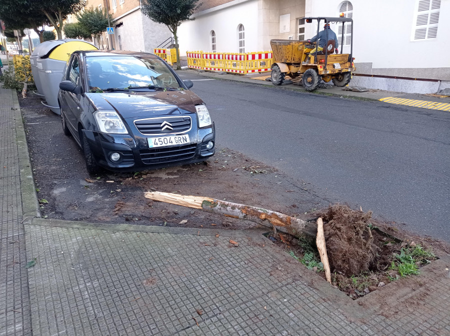 Un coche se sale de la vía y choca contra un árbol y contra otro vehículo estacionado en A Barcala