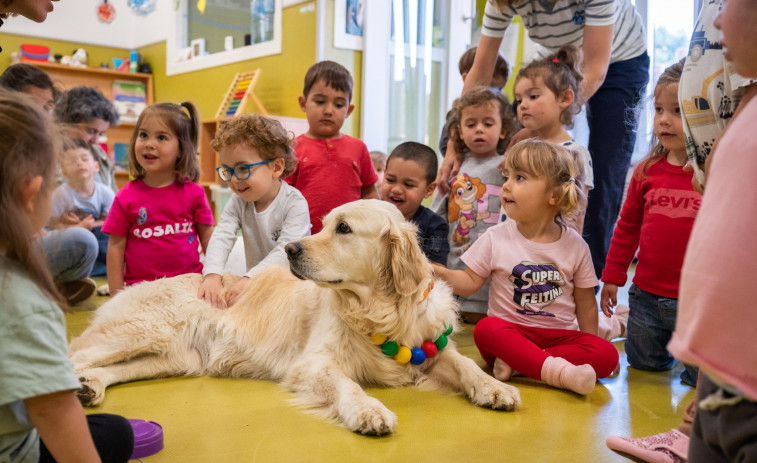 Las perritas Nata y Uva visitan a los niños de las escuelas infantiles públicas de Oleiros