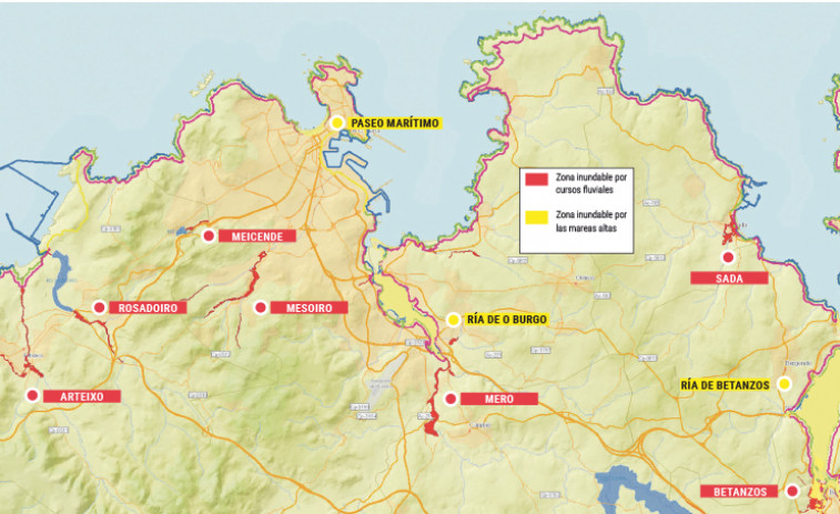 El área de A Coruña alberga más de diez zonas que pueden inundarse ante fenómenos meteorológicos