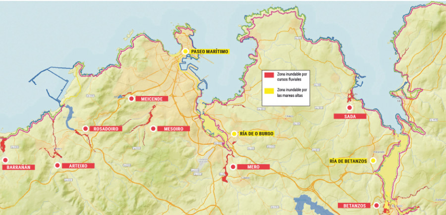 El área de A Coruña alberga más de diez zonas que pueden inundarse ante fenómenos meteorológicos