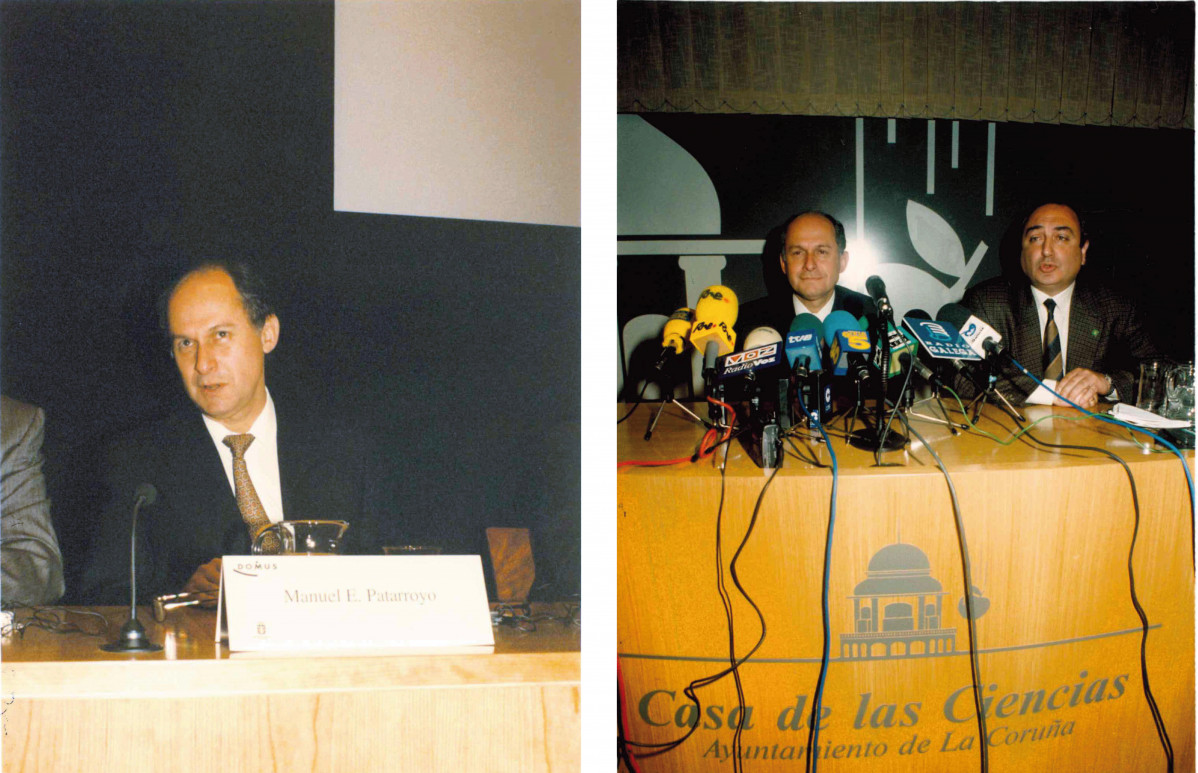 A la izquierda, en la inauguraciu00f3n de la Domus, en abril de 1995, y a la derecha, con Moncho Nu00fau00f1ez en una conferencia en 1996  A