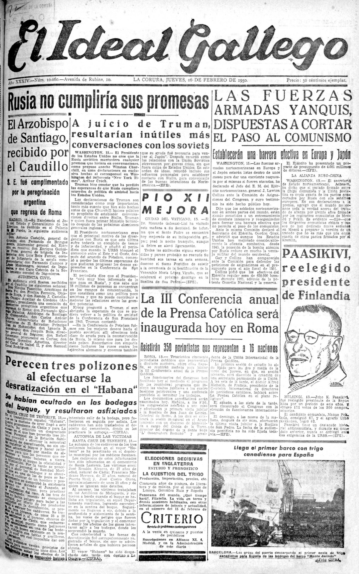 Portada 16 febrero 1950