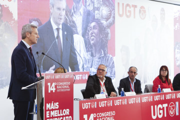 El presidente de la Xunta de Galicia, Alfonso Rueda interviene en el acto de inauguración del 14 Congreso Nacional de UGT de Galicia, donde participan 153 delegados que elegirán la nueva Comisión E