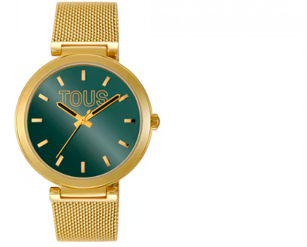 Reloj analógico TOUS S Mesh Mirror con esfera verde y brazalete y caja de acero dorado.