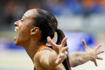 Apeldoorn (Netherlands), 07/03/2025.- Ana Peleteiro-Compaore of Spain celebrates winning the women's triple jump final on the second day of the European Athletics Indoor Championships in Apeldoorn, Ne